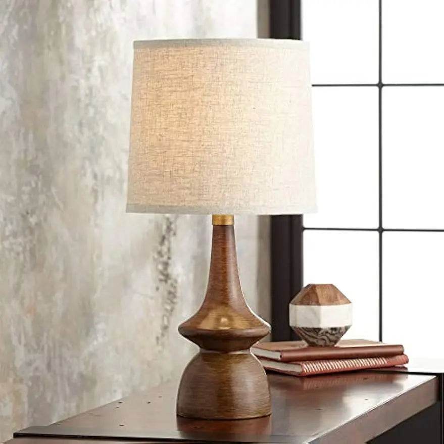 Modern Walnut Faux Wood Linen Drum Shade Table Lamp - Sleep Galleria