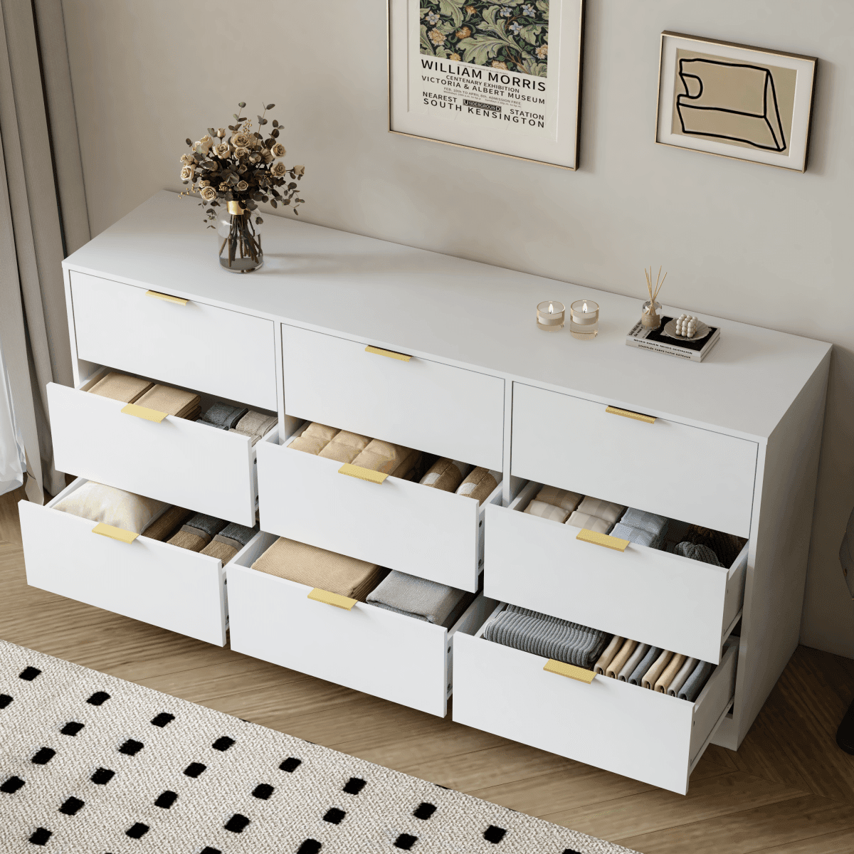 Modern White 9-Drawer Particle Board Dresser - Sleep Galleria