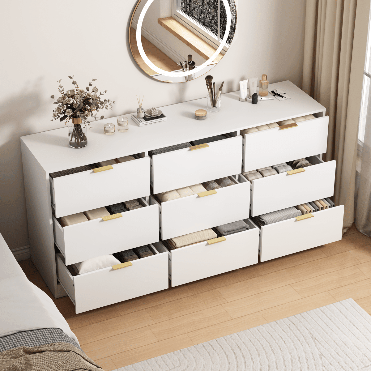 Modern White 9-Drawer Particle Board Dresser - Sleep Galleria