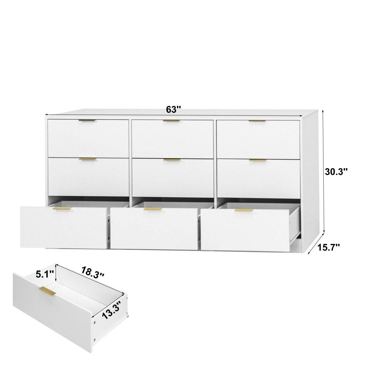Modern White 9-Drawer Particle Board Dresser - Sleep Galleria