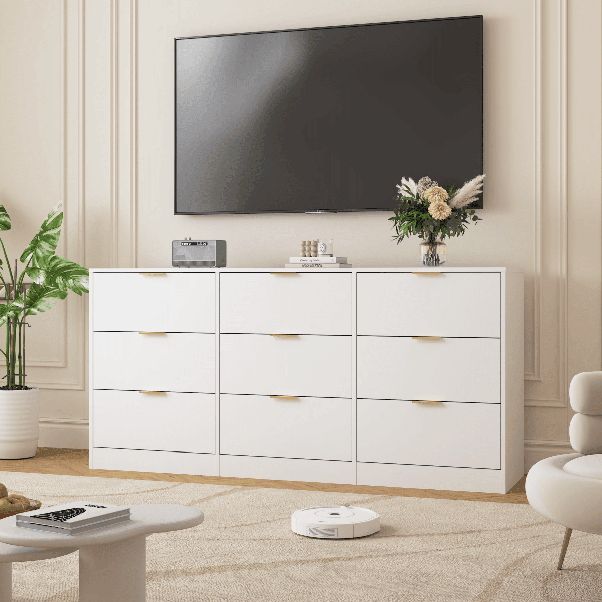 Modern White 9-Drawer Particle Board Dresser - Sleep Galleria