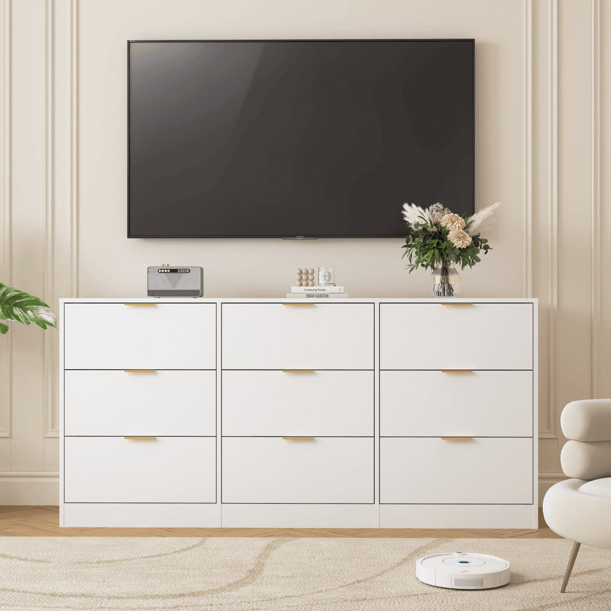 Modern White 9-Drawer Particle Board Dresser - Sleep Galleria