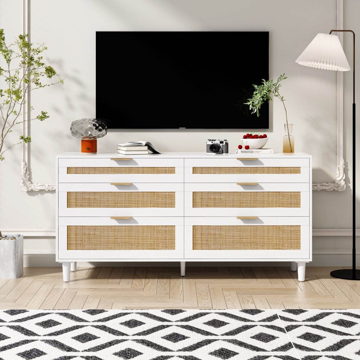 Modern White Rattan 6-Drawer Wooden Dresser - Sleep Galleria