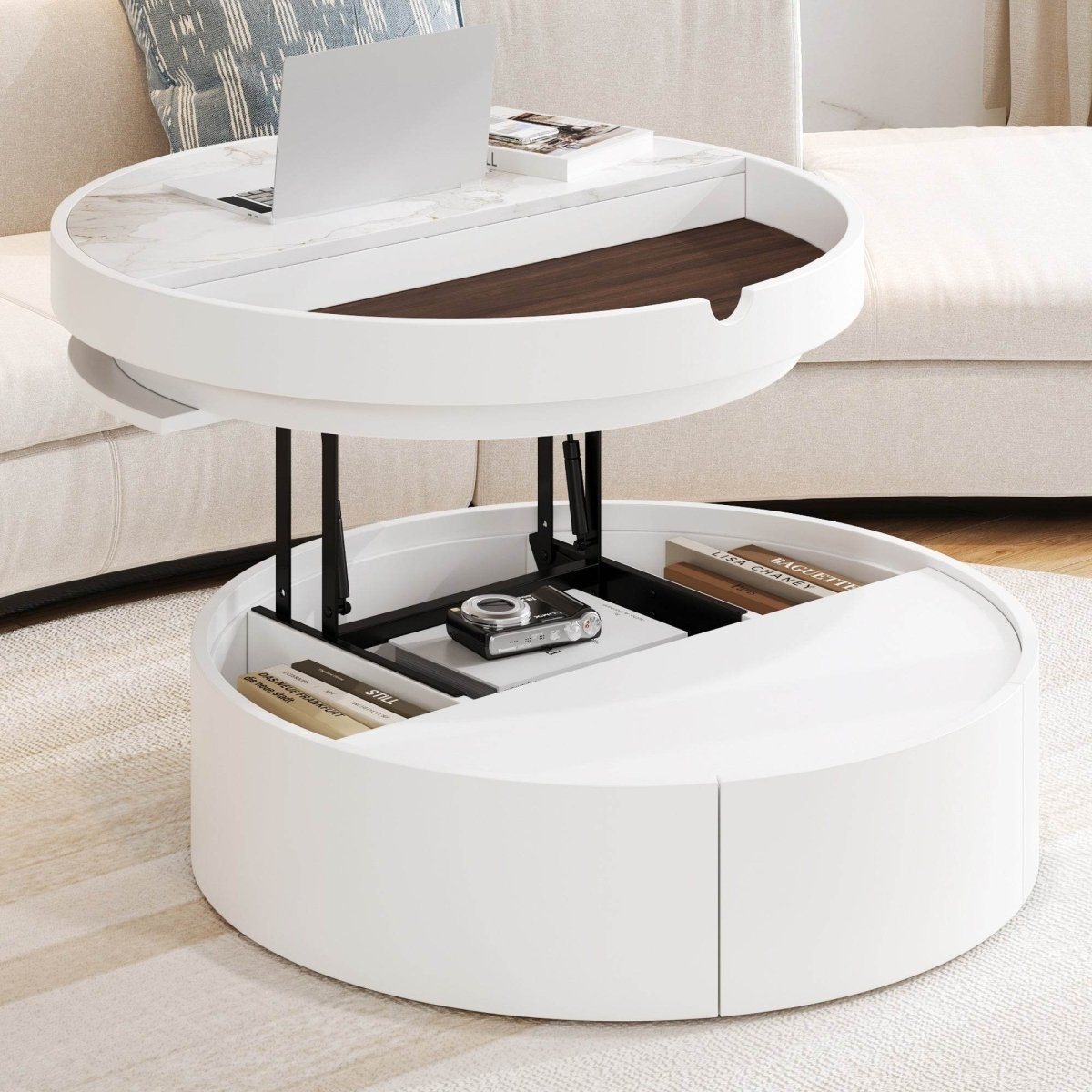 Modern White Walnut Round Lift - Top Coffee Table With Drawer - Driftwood - Omega Lifestyles