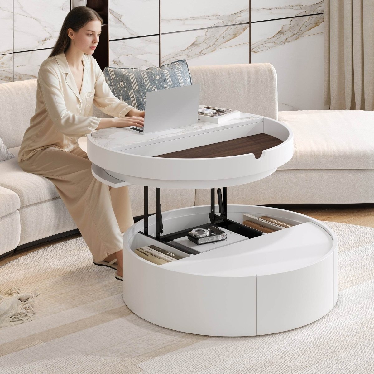 Modern White Walnut Round Lift - Top Coffee Table With Drawer - Driftwood - Omega Lifestyles