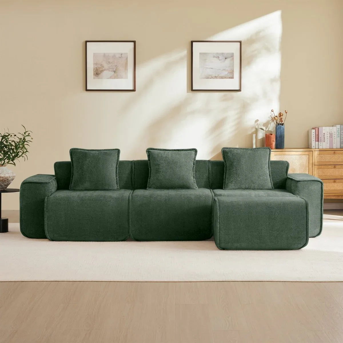 Modular Velvet 3-Seat L Shape Sectional Sofa With Ottoman - Omega Lifestyles