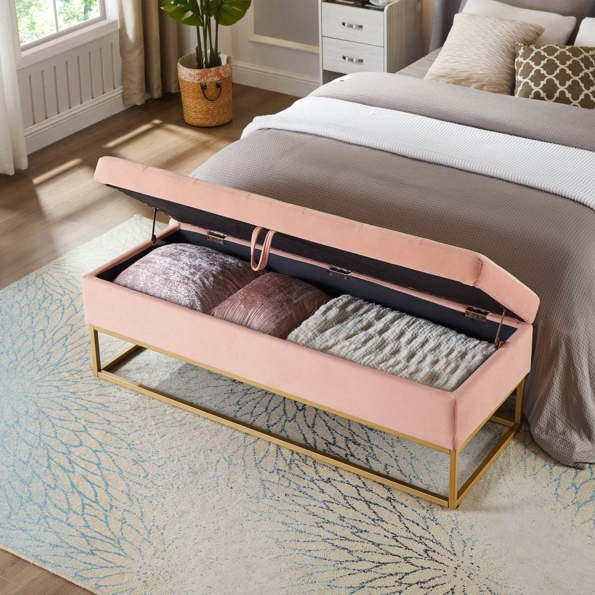 Multifunctional Velvet Storage Bench With Metal Base - Sleep Galleria