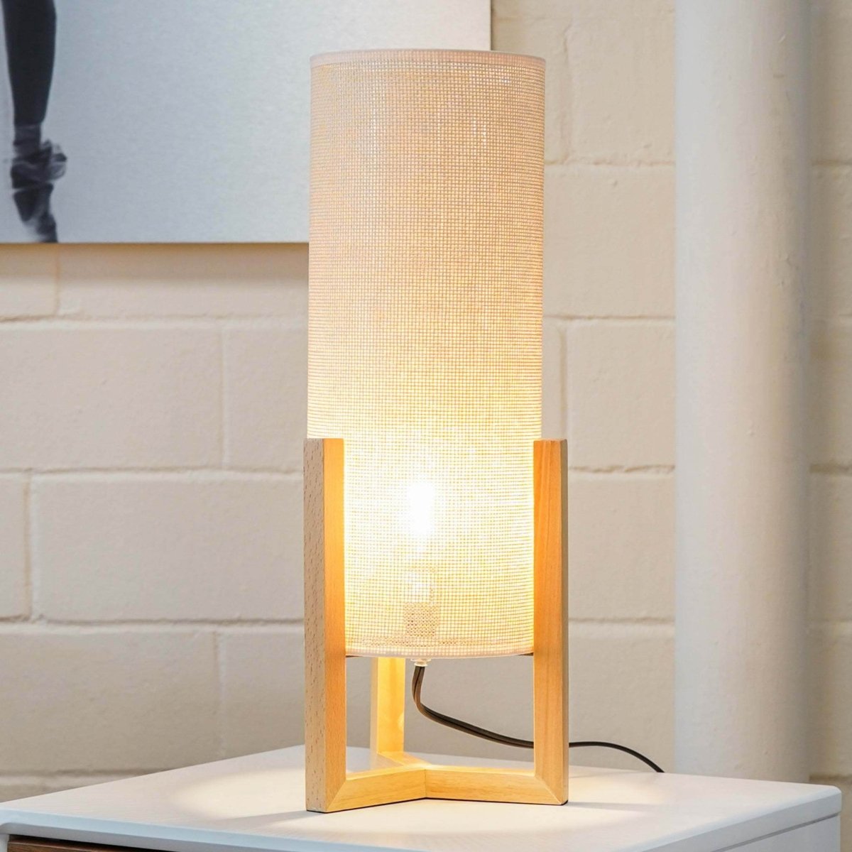 Oak Wood Mid-Century Modern Table Lamp with Rattan Shade - Sleep Galleria