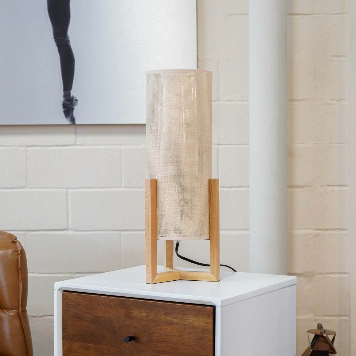 Oak Wood Mid-Century Modern Table Lamp with Rattan Shade - Sleep Galleria