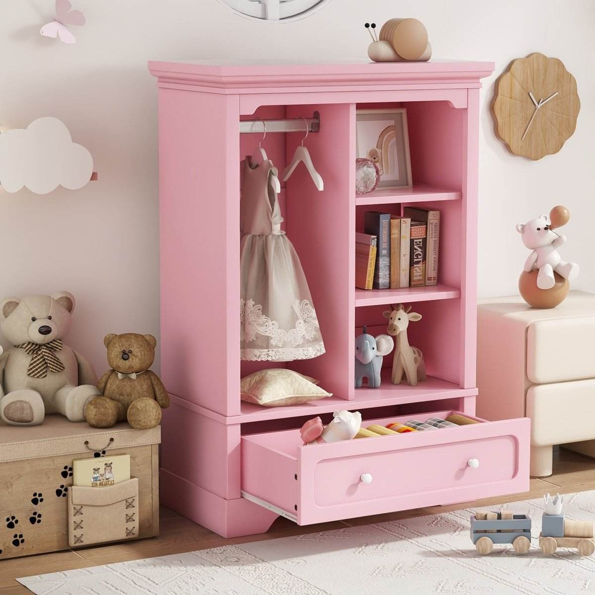 Open Children's Wardrobe With Hanging Rod Drawer - Sleep Galleria
