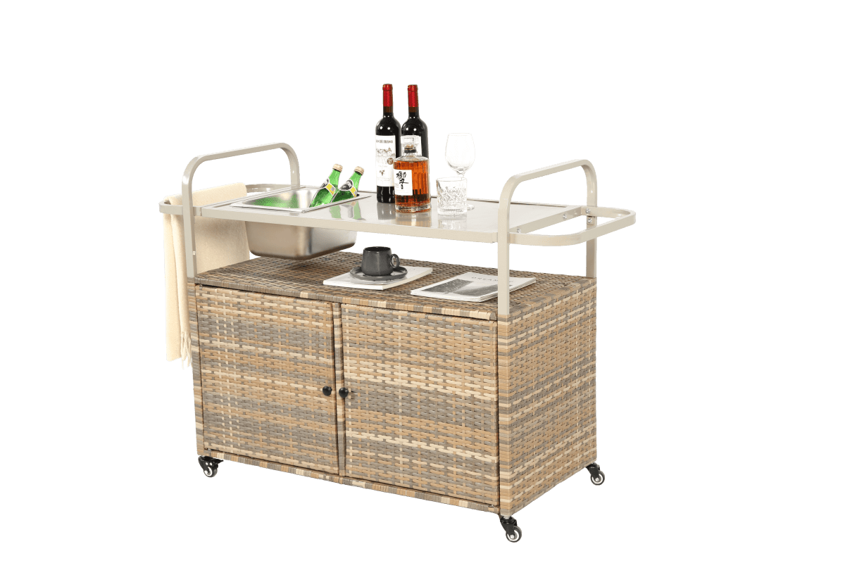 Outdoor Bar Table With Wicker Cabinet Steel Top Cart - Omega Lifestyles