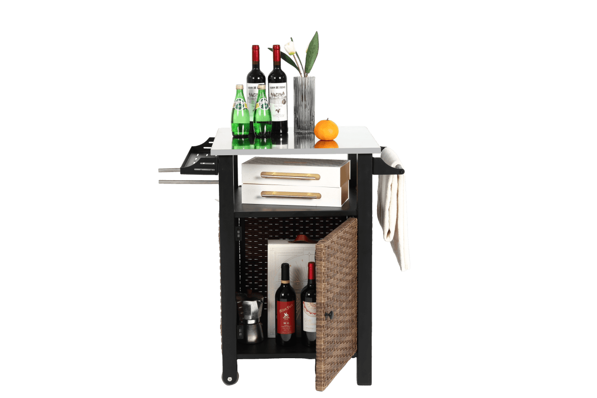 Outdoor Kitchen Wicker Rolling Cart With Stainless Steel Top - Driftwood - Omega Lifestyles