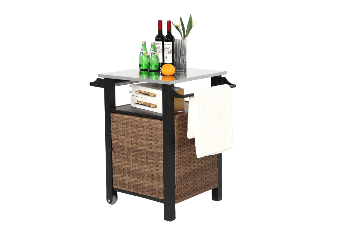 Outdoor Kitchen Wicker Rolling Cart With Stainless Steel Top - Driftwood - Omega Lifestyles