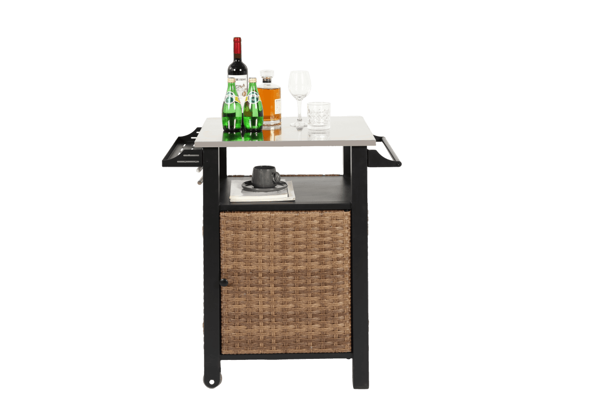 Outdoor Kitchen Wicker Rolling Cart With Stainless Steel Top - Driftwood - Omega Lifestyles