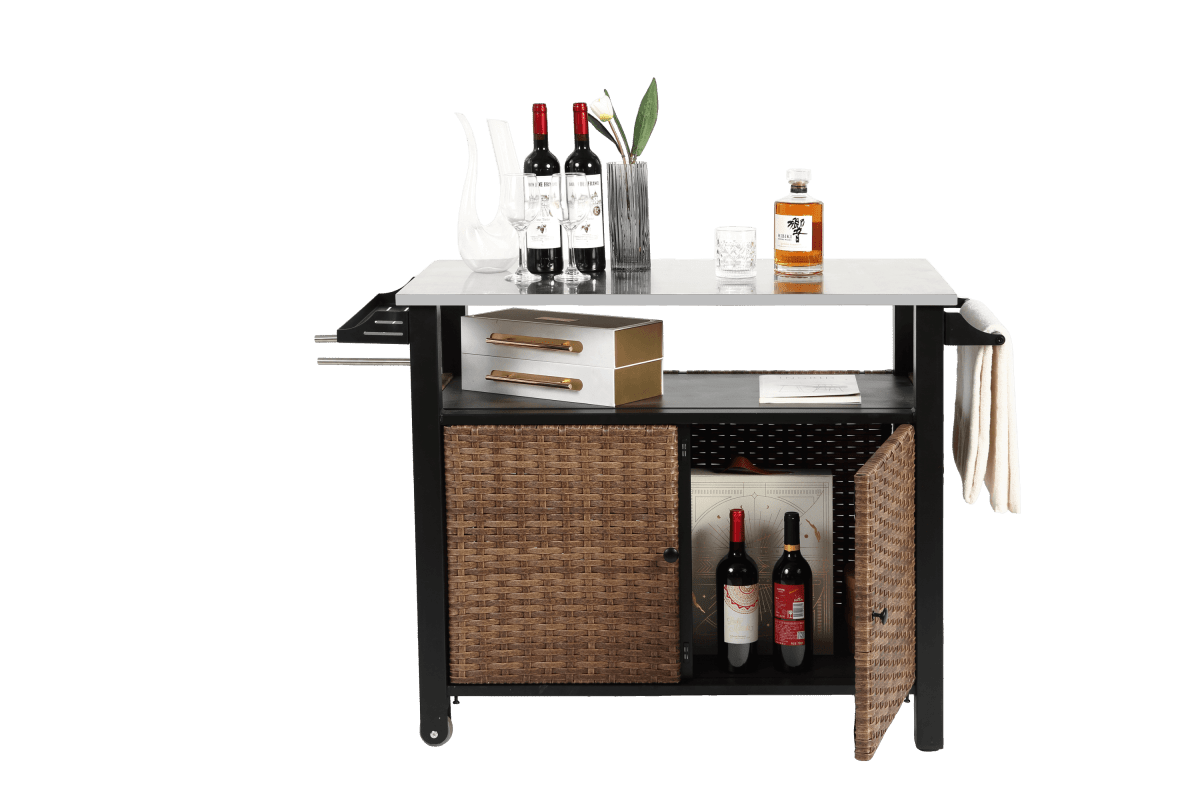 Outdoor Kitchen Wicker Rolling Cart With Storage Cabinet - Omega Lifestyles