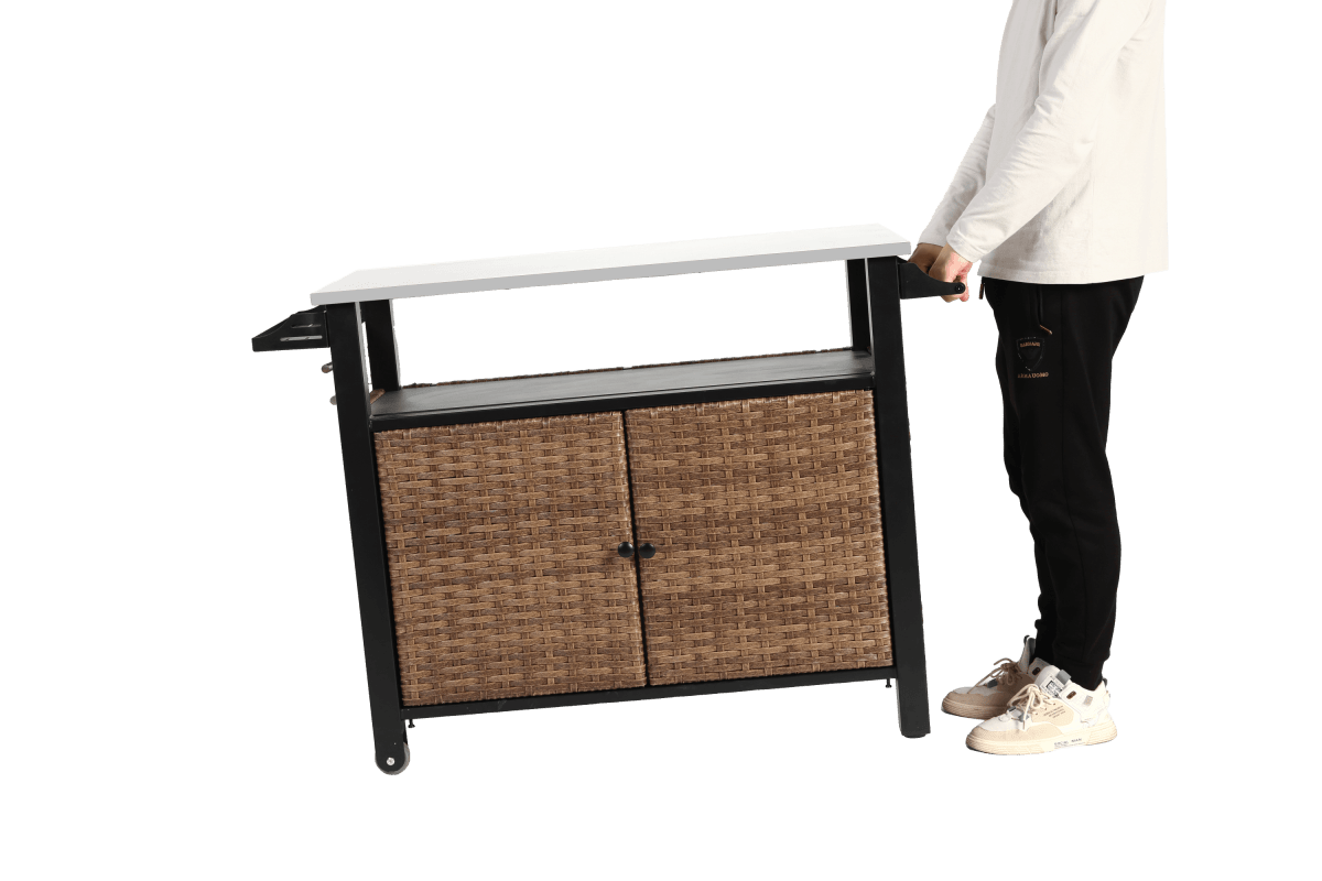 Outdoor Kitchen Wicker Rolling Cart With Storage Cabinet - Omega Lifestyles
