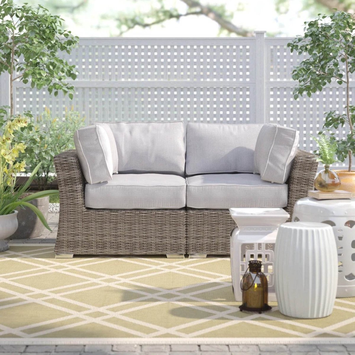 Outdoor Wicker Loveseat With Fade - Resistant Gray Cushions - Driftwood - Omega Lifestyles