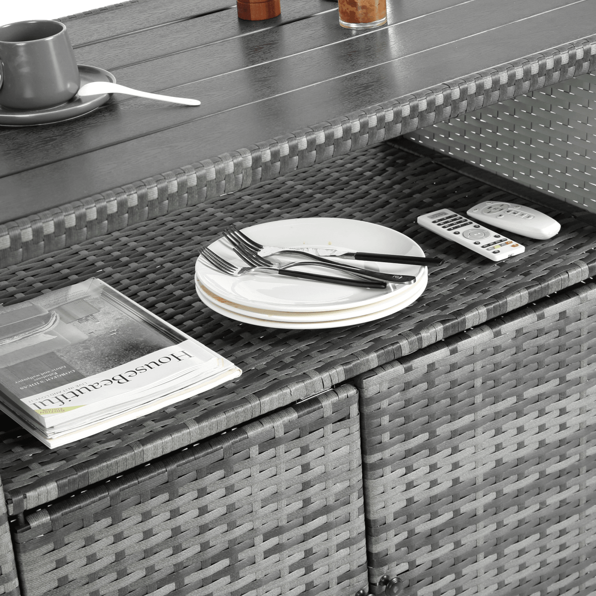 Outdoor Wicker Patio Bar Serving Cart With Wheels - Driftwood - Omega Lifestyles