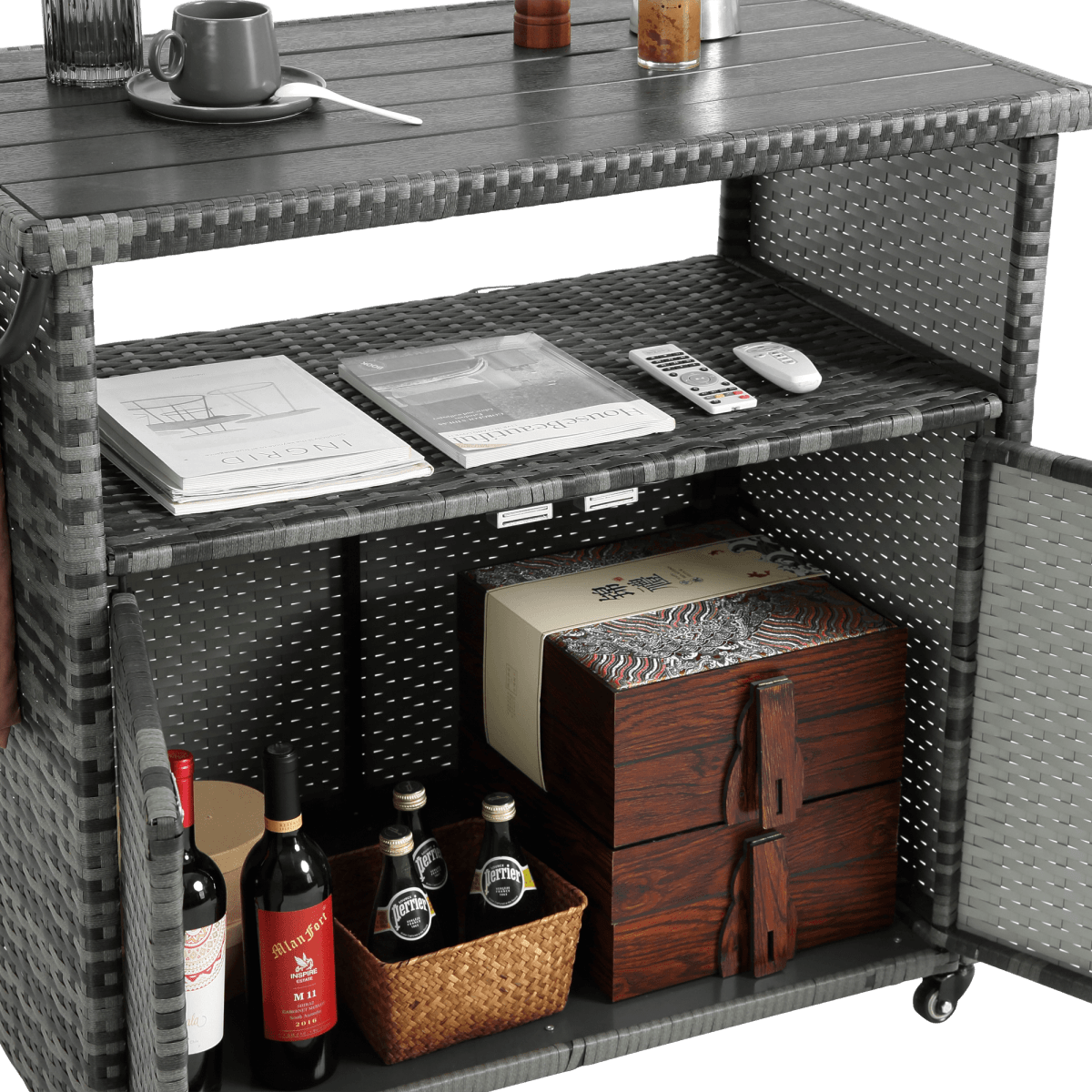 Outdoor Wicker Patio Bar Serving Cart With Wheels - Driftwood - Omega Lifestyles