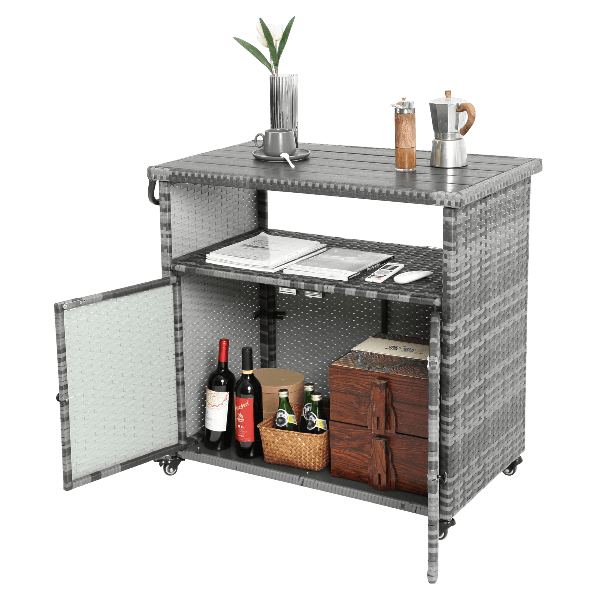 Outdoor Wicker Patio Bar Serving Cart With Wheels - Driftwood - Omega Lifestyles