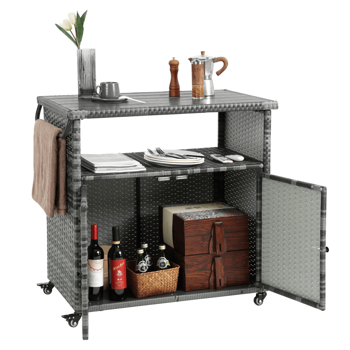 Outdoor Wicker Patio Bar Serving Cart With Wheels - Driftwood - Omega Lifestyles