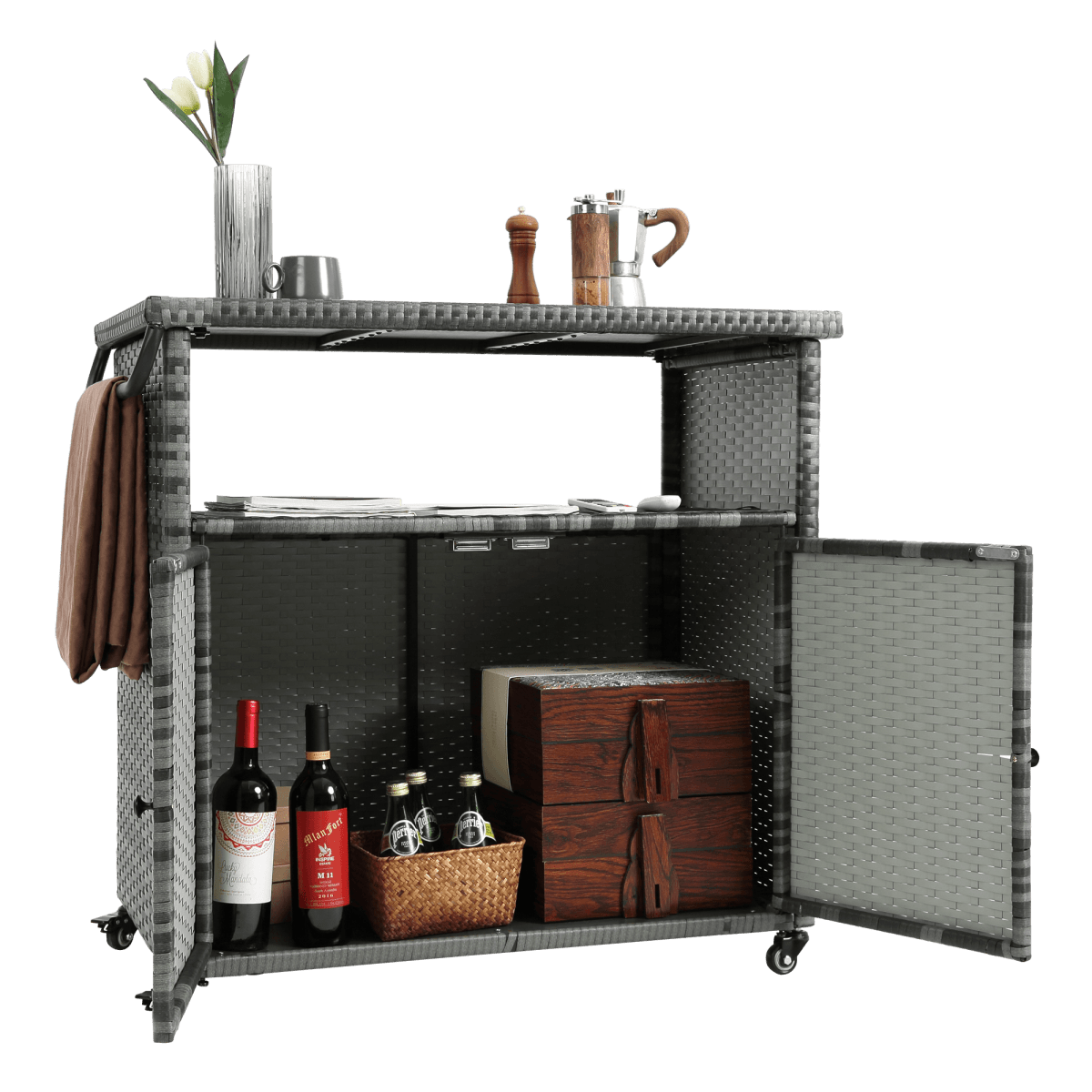 Outdoor Wicker Patio Bar Serving Cart With Wheels - Driftwood - Omega Lifestyles