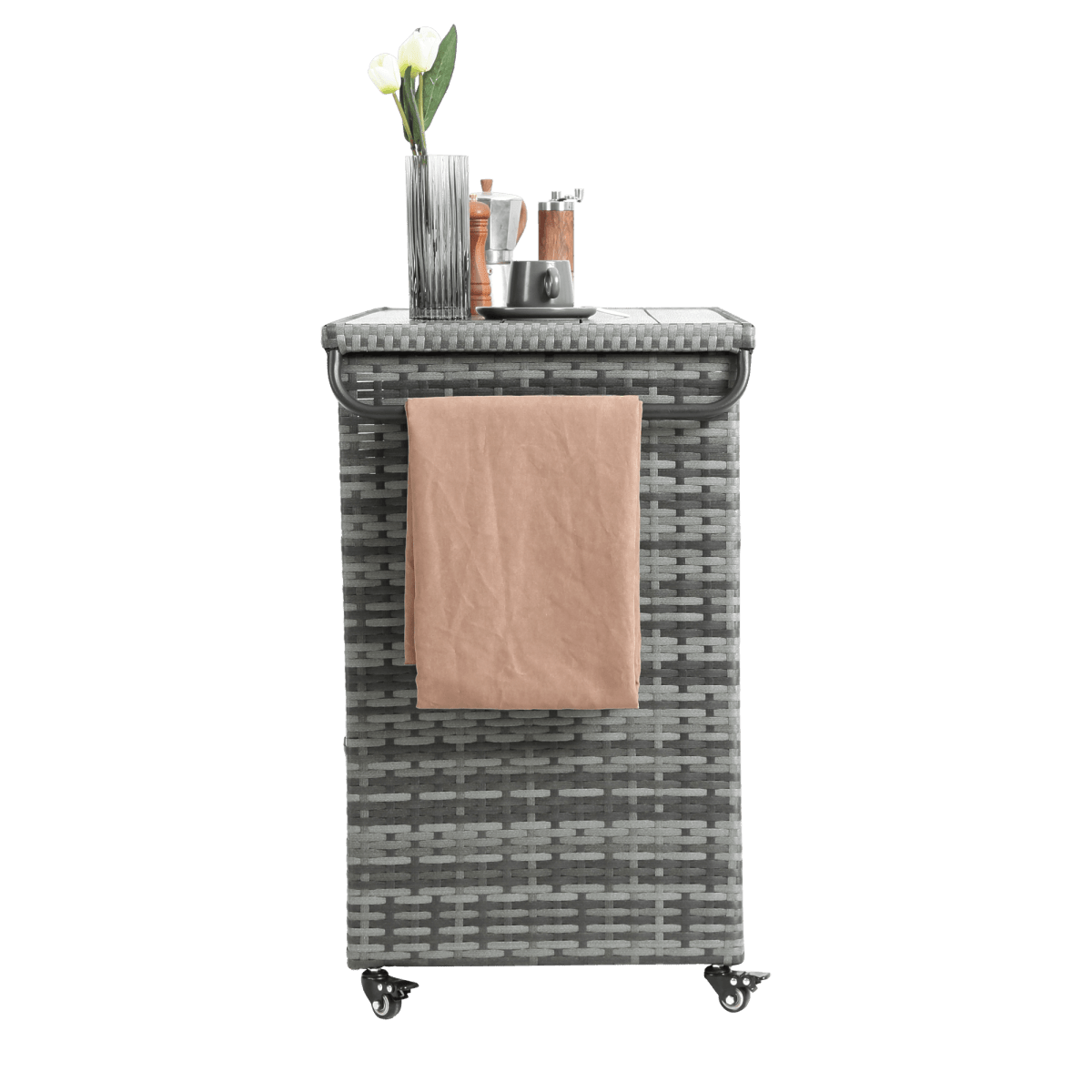 Outdoor Wicker Patio Bar Serving Cart With Wheels - Driftwood - Omega Lifestyles