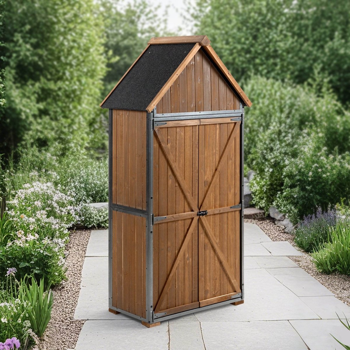 Outdoor Wood And Metal Garden Tool Storage Cabinet - Omega Lifestyles