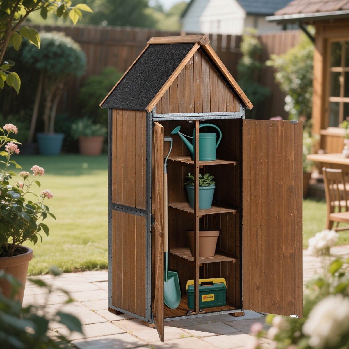 Outdoor Wood And Metal Garden Tool Storage Cabinet - Omega Lifestyles