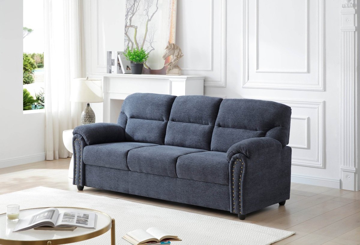 Plush Upholstered Blue Chenille 3-Seat Sofa - Sleep Galleria