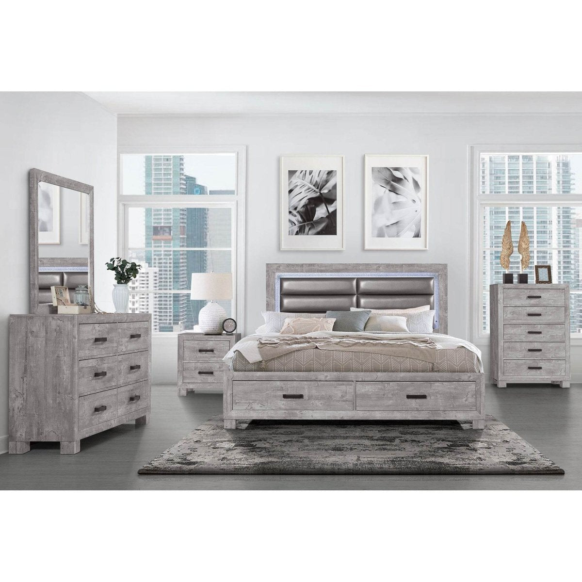 Queen Farmhouse Solid Wood MDF Storage Bed Frame - Driftwood - Omega Lifestyles