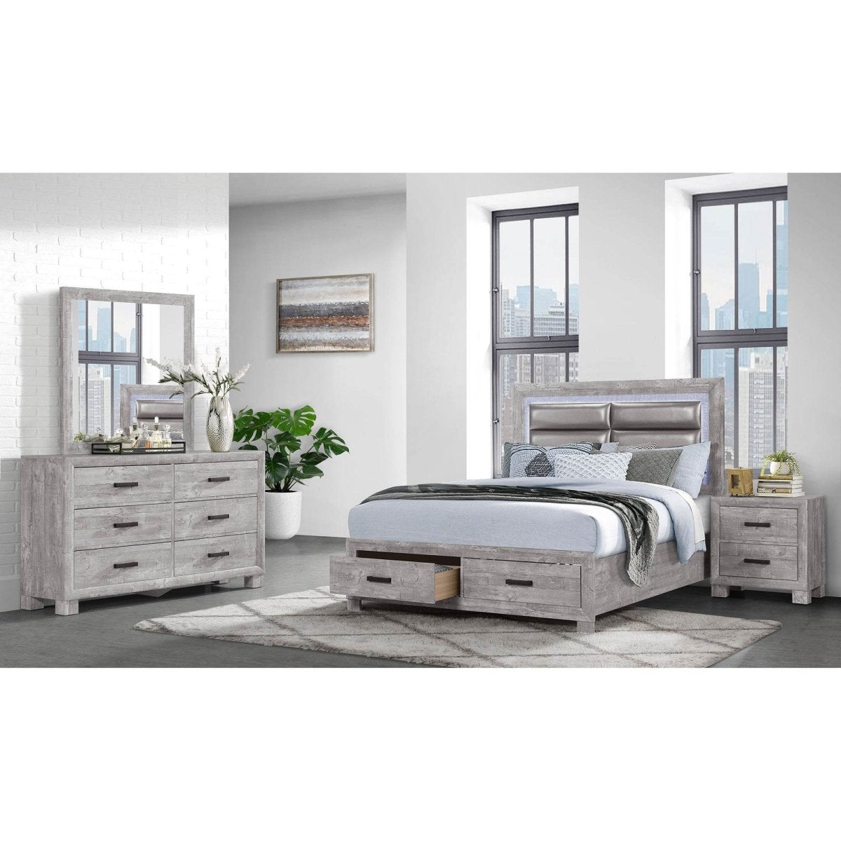 Queen Farmhouse Solid Wood MDF Storage Bed Frame - Driftwood - Omega Lifestyles