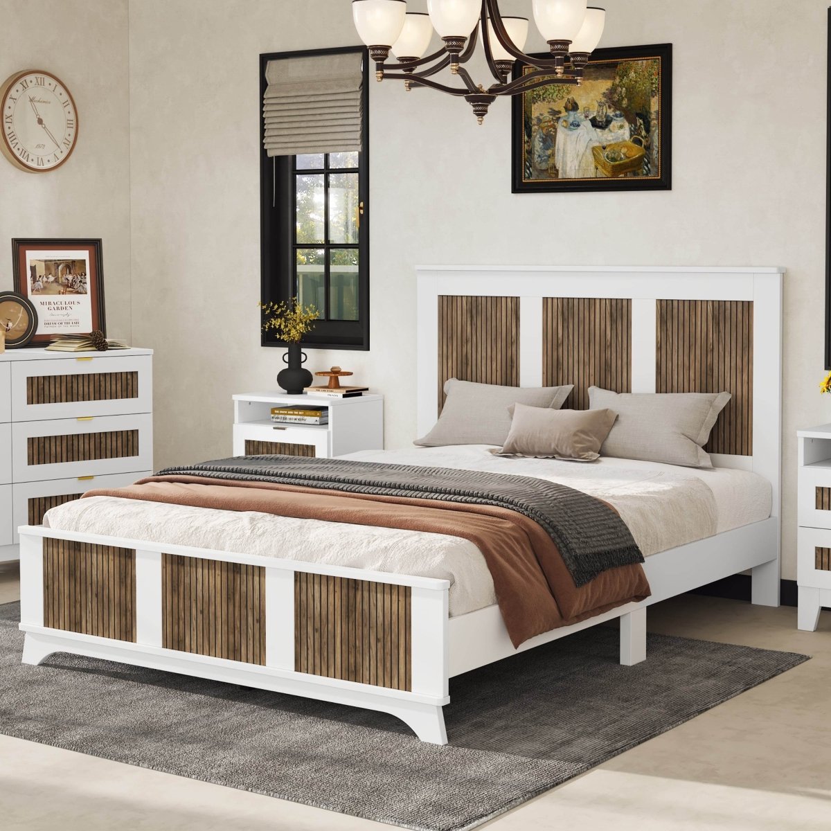 Queen Farmhouse Wooden Platform Bed With Plywood Slats - Driftwood - Omega Lifestyles