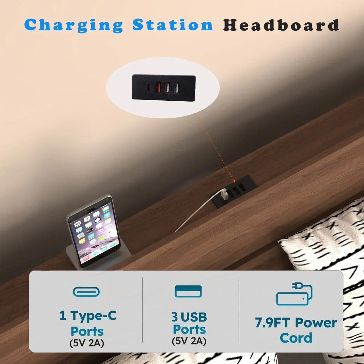 Queen Floating Bed Frame With LED Lights Charging Station - Omega Lifestyles