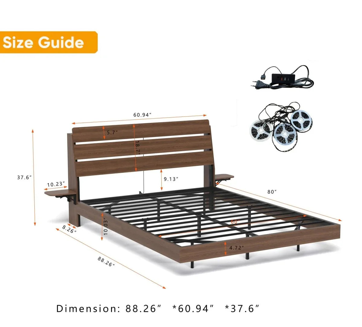 Queen Floating Bed Frame With LED Lights Charging Station - Omega Lifestyles