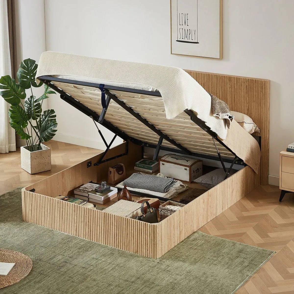 Queen Hydraulic Lift Storage Bed Frame Oak Finish - Omega Lifestyles