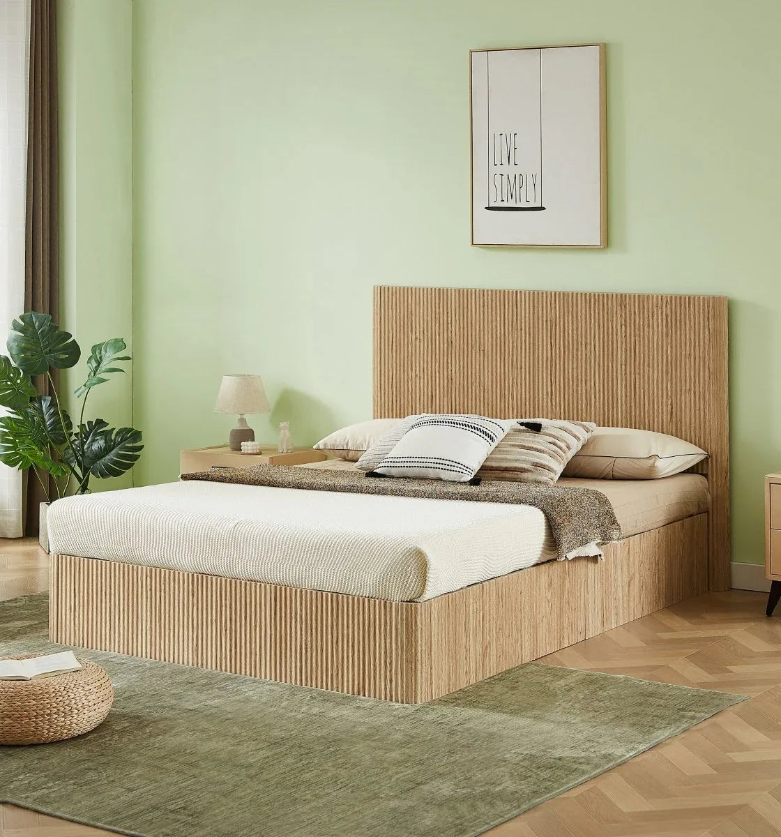 Queen Hydraulic Lift Storage Bed Frame Oak Finish - Omega Lifestyles