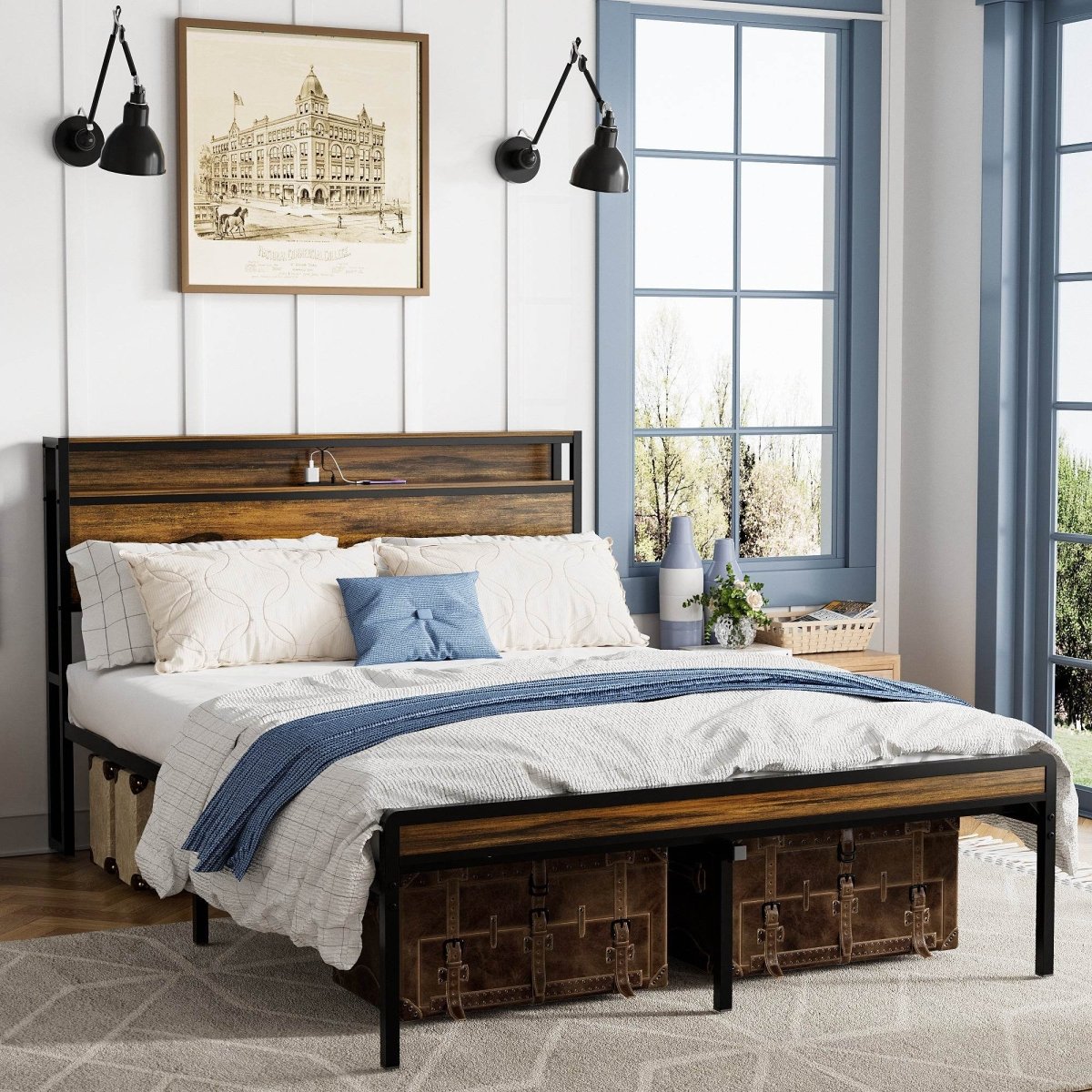 Queen LED Storage Bed Frame With Charging Station - Driftwood - Omega Lifestyles