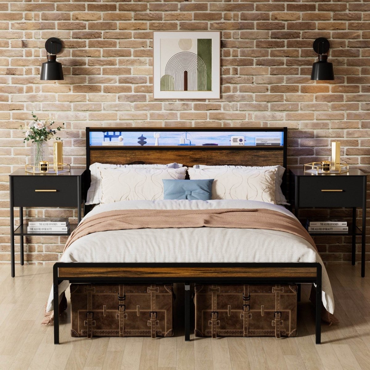 Queen LED Storage Bed Frame With Charging Station - Driftwood - Omega Lifestyles