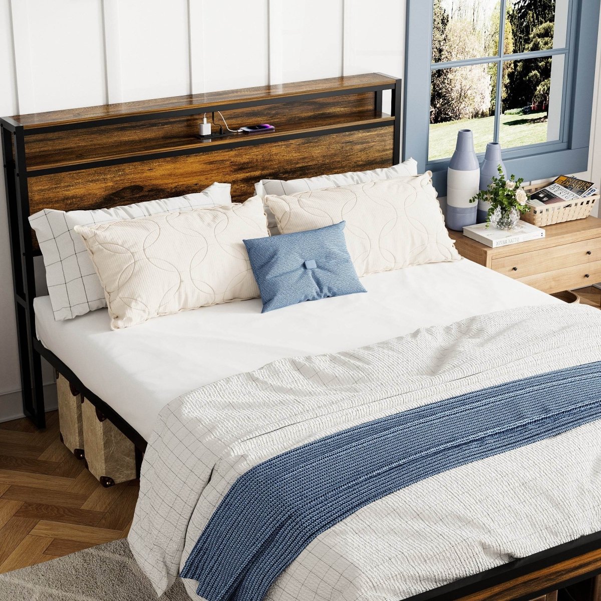 Queen LED Storage Bed Frame With Charging Station - Driftwood - Omega Lifestyles