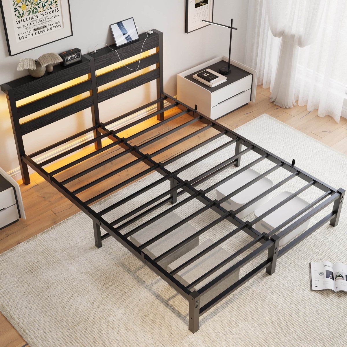 Queen Metal And Wood Bed Frame With RGB Lights - Driftwood - Omega Lifestyles