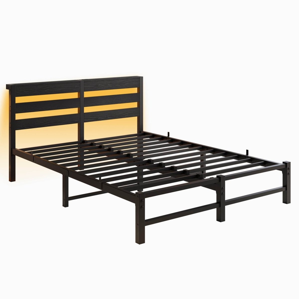 Queen Metal And Wood Bed Frame With RGB Lights - Driftwood - Omega Lifestyles