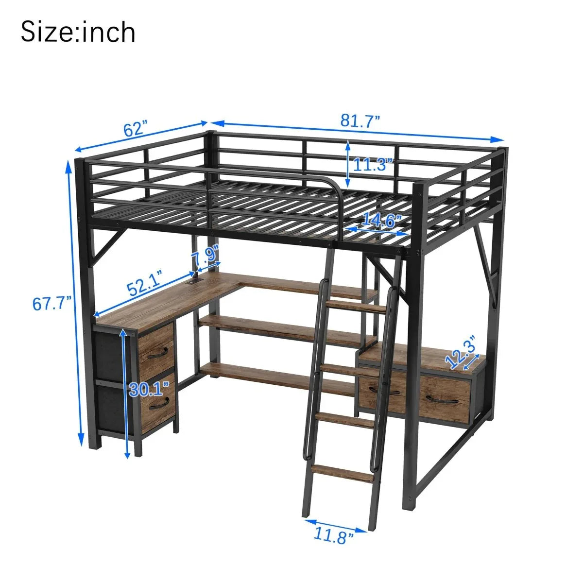 Queen Metal Loft Bed With Desk Storage And LED - Omega Lifestyles