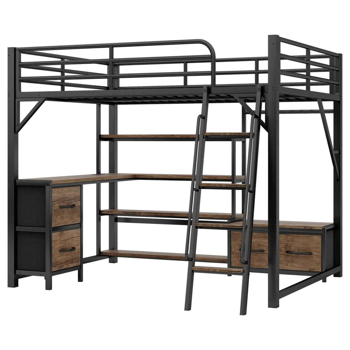Queen Metal Loft Bed With Desk Storage And LED - Omega Lifestyles