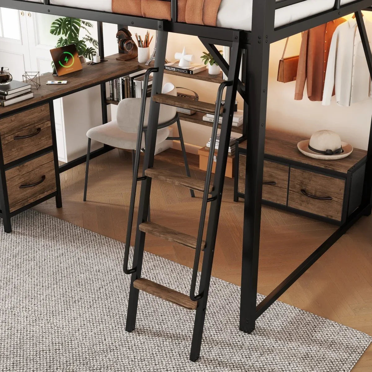 Queen Metal Loft Bed With Desk Storage And LED - Omega Lifestyles