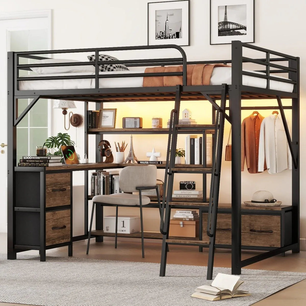 Queen Metal Loft Bed With Desk Storage And LED - Omega Lifestyles