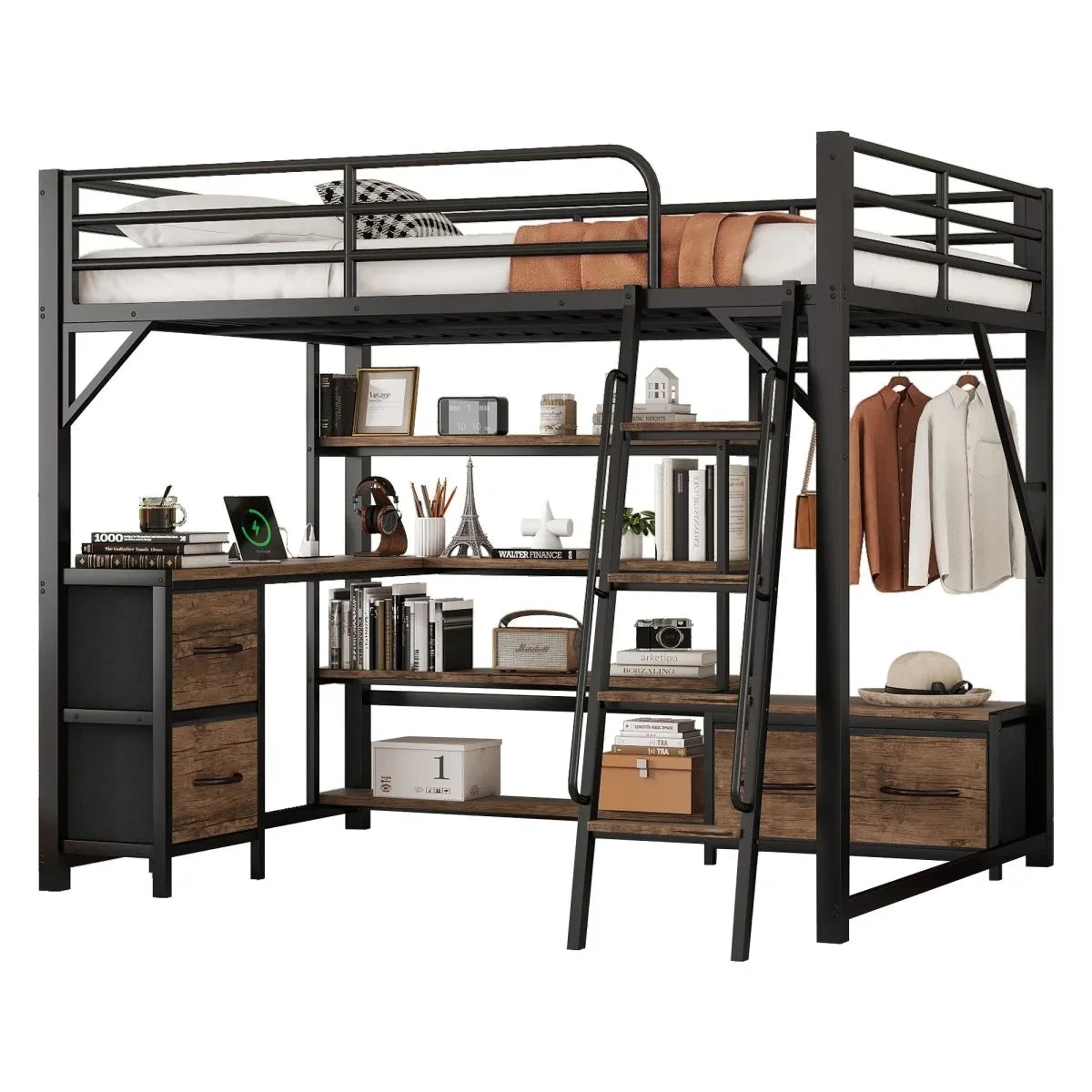 Queen Metal Loft Bed With Desk Storage And LED - Omega Lifestyles