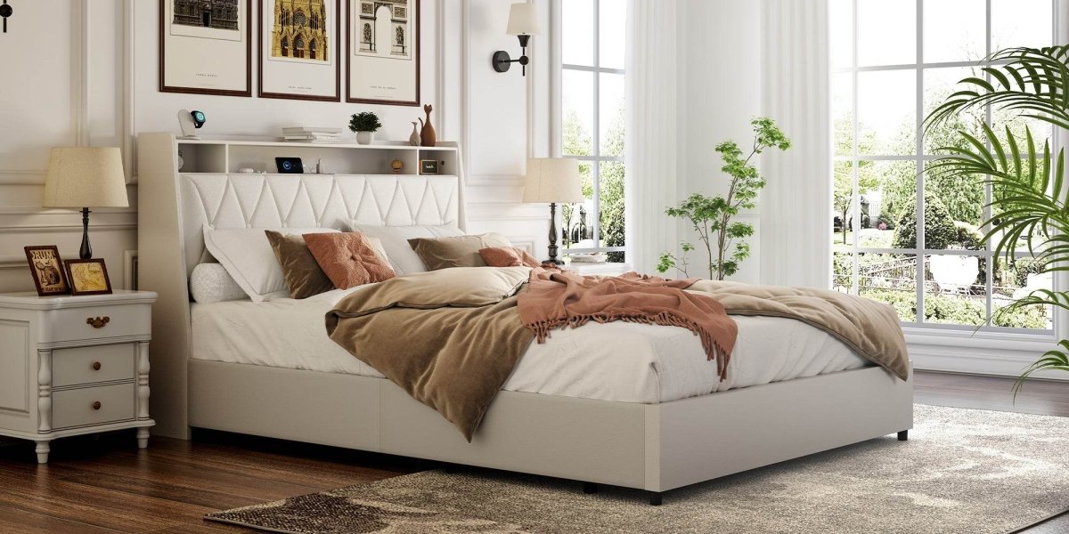 Queen Metal Platform Bed Frame With Ergonomic Headboard And Outlets - Driftwood - Omega Lifestyles