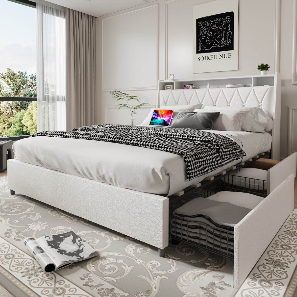 Queen Metal Platform Bed Frame With Ergonomic Headboard And Outlets - Driftwood - Omega Lifestyles