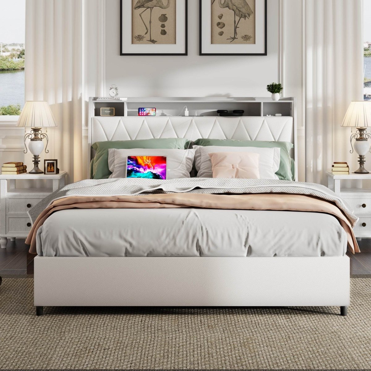 Queen Metal Platform Bed Frame With Ergonomic Headboard And Outlets - Driftwood - Omega Lifestyles